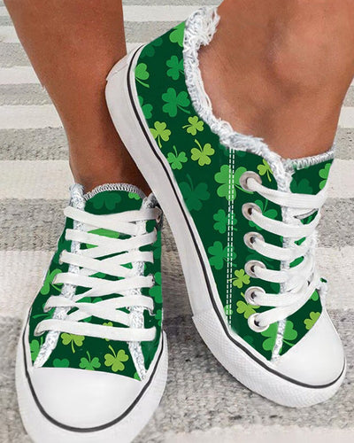 St. Patrick's Day Deep Green Clover Print Fringe Hem Canvas Sneakers
