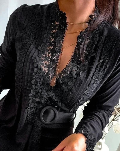 Floral Pattern Lace Patch Long Sleeve Top