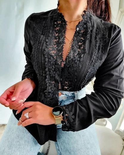 Floral Pattern Lace Patch Long Sleeve Top