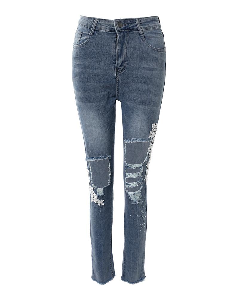 Contrast Lace Cutout Ripped Raw Hem Skinny Jeans