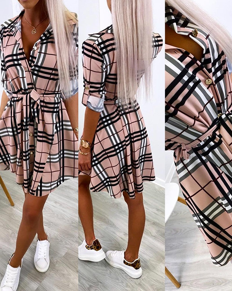 Plaid Print Tied Detail Shirt Dress