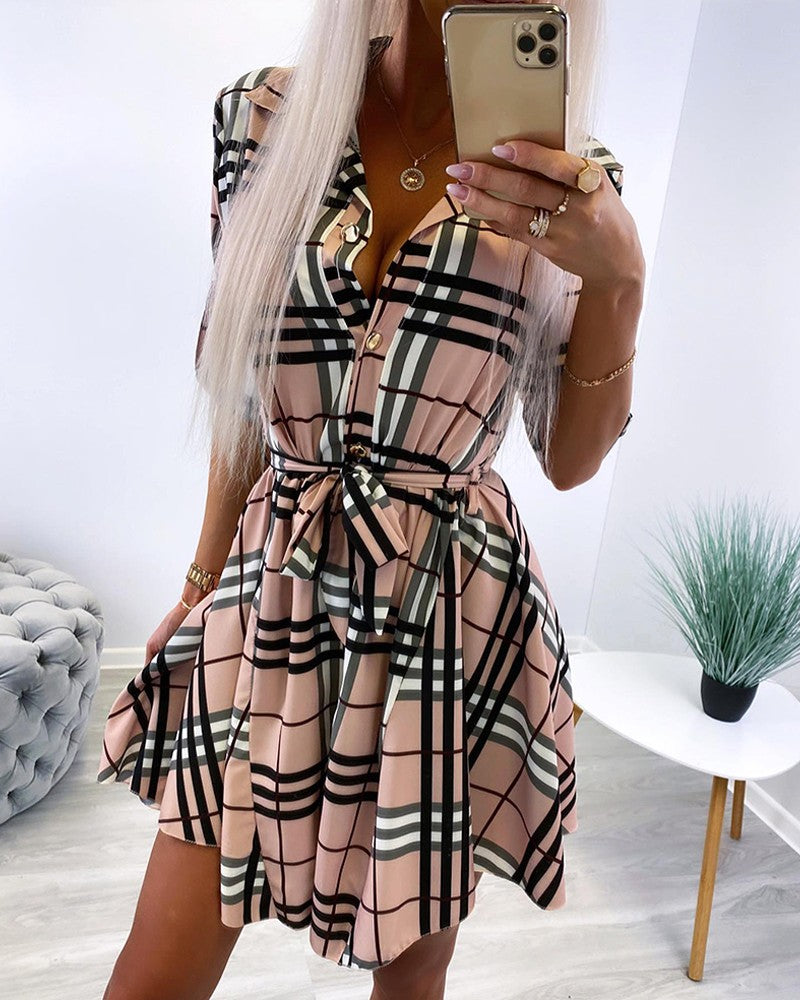 Plaid Print Tied Detail Shirt Dress