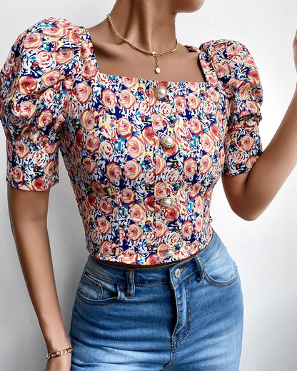 Floral Print Puff Sleeve Knotted Cutout Back Buttoned Top