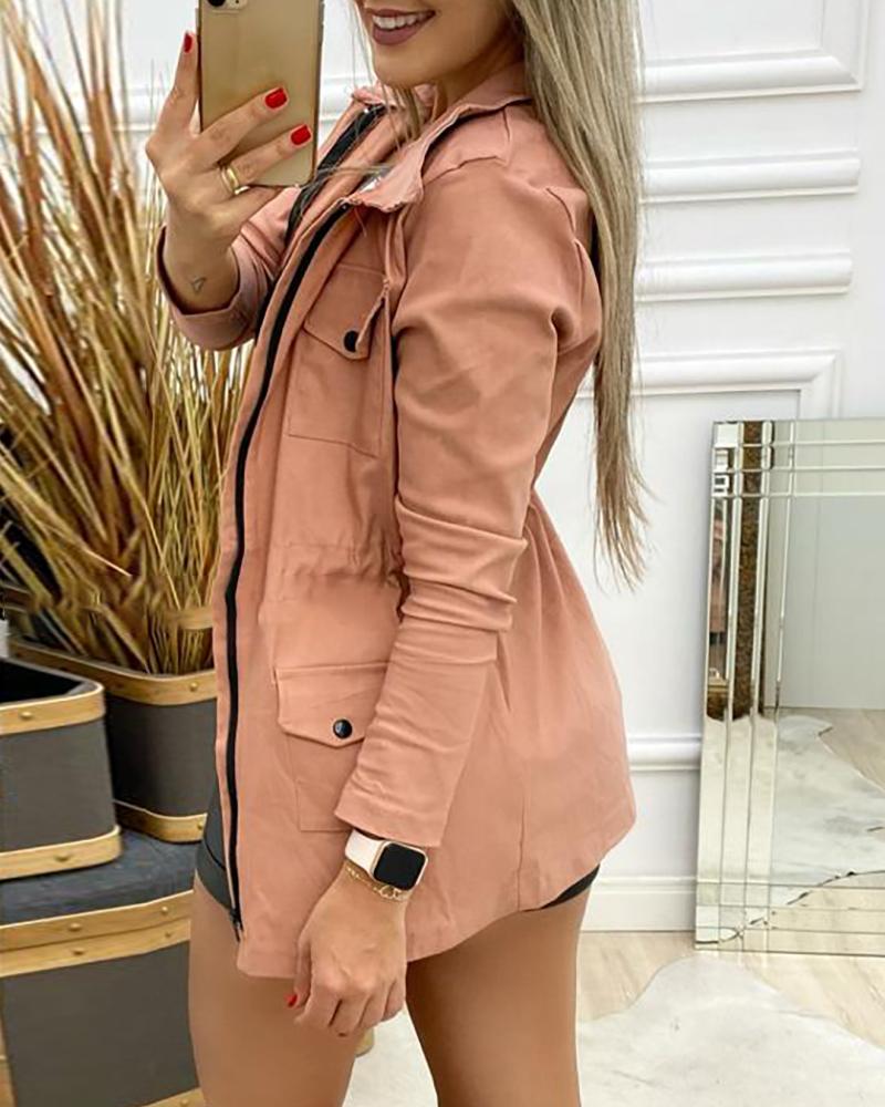 Pocket Zipper Design Drawstring Cargo Coat