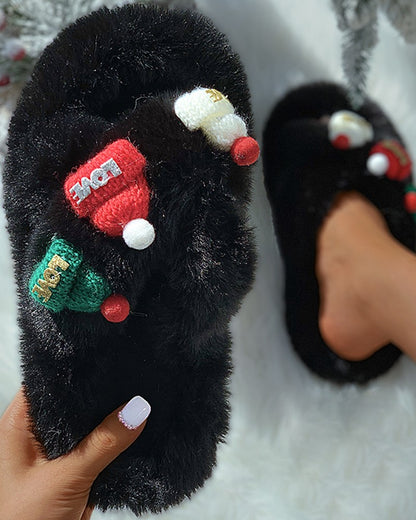 Christmas Pattern Cross Fluffy Slippers