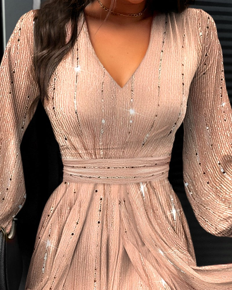 Sequin Mesh Lantern Sleeve Dress