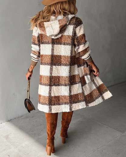 Plaid Print Horn Toggle Button Hooded Teddy Coat