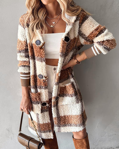 Plaid Print Horn Toggle Button Hooded Teddy Coat