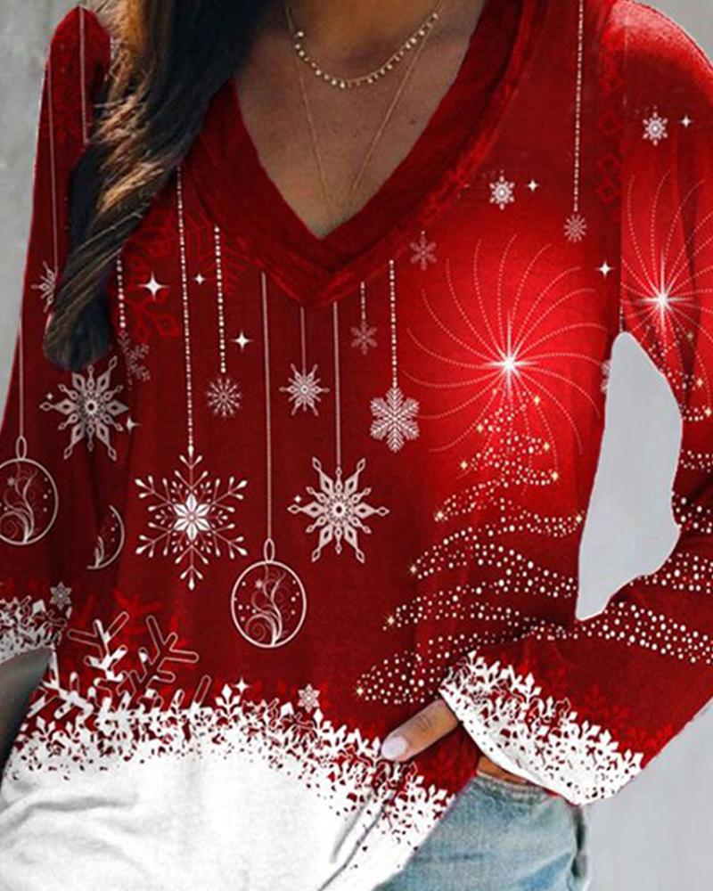 Christmas Snowflake Print V Neck Long Sleeve Top