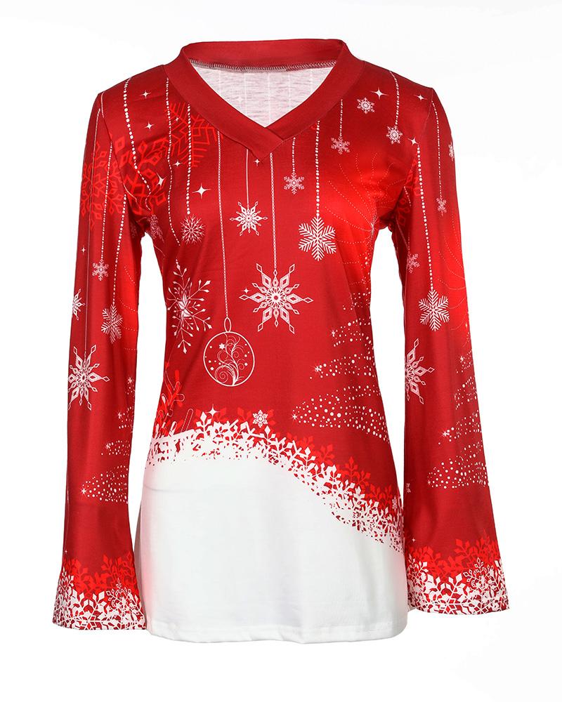 Christmas Snowflake Print V Neck Long Sleeve Top