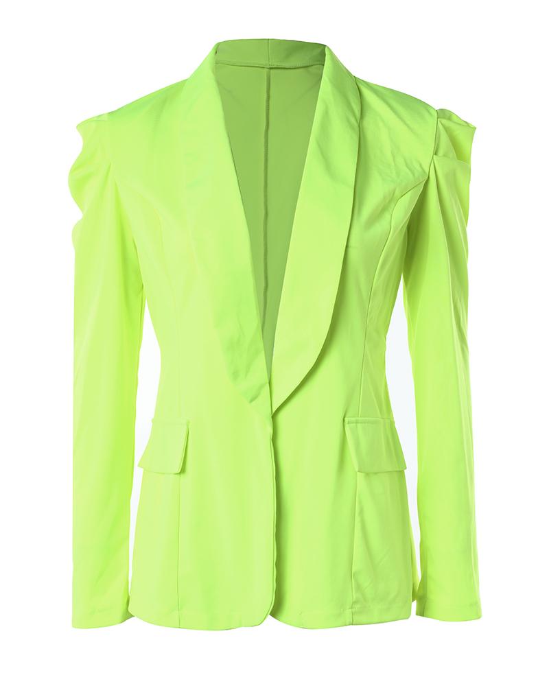 Shawl Collar Puff Sleeve Pocket Design Blazer Coat