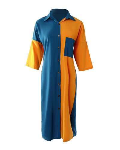 Colorblock Button Design Shirt Dress
