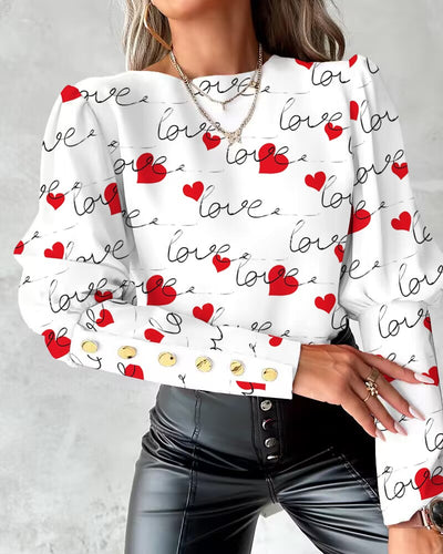 Colorblock Heart Love Print Buttoned Top