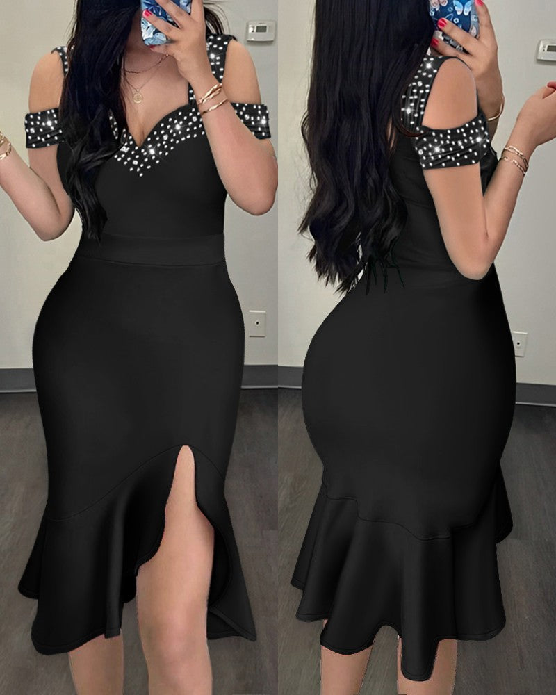 Rhinestone Slit Cold Shoulder Party Dress