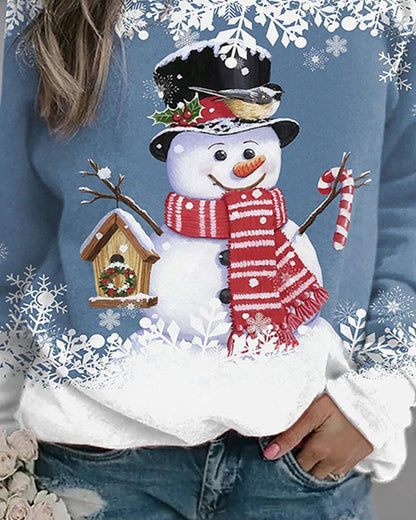 Christmas Snowflake Snowman Print Long Sleeve Top