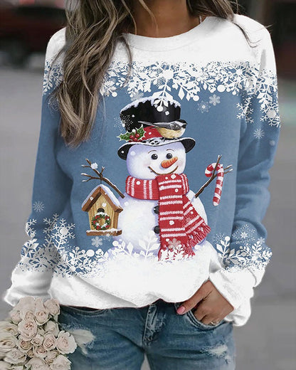 Christmas Snowflake Snowman Print Long Sleeve Top