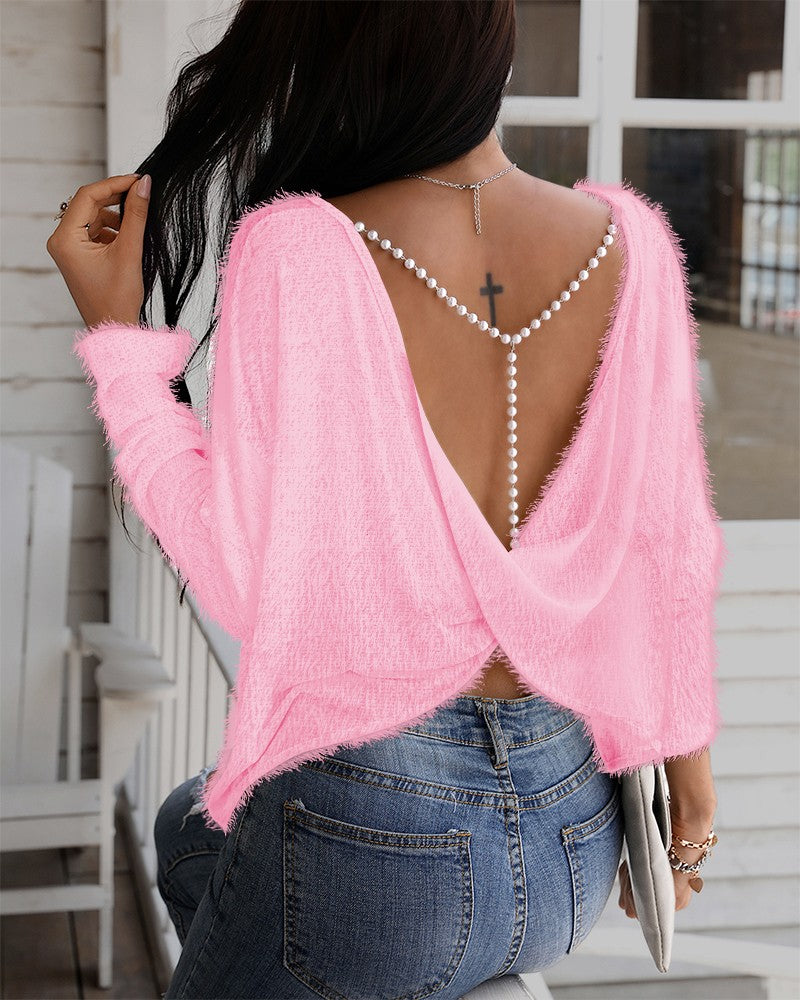 Beaded Strap Twisted Backless Fuzzy Top