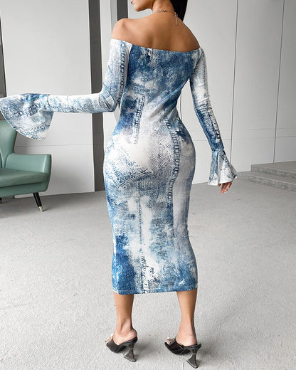 Denim Look Print Off Shoulder Bodycon Dress