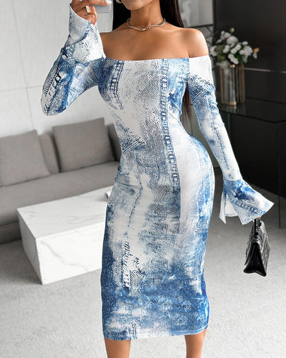 Denim Look Print Off Shoulder Bodycon Dress