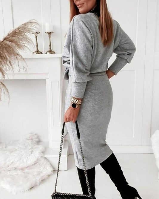 Lantern Sleeve Belted Wrap Sweatshirt Dress