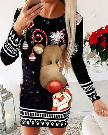 Christmas Graphic Cartoon Print Long Sleeve Bodycon Dress