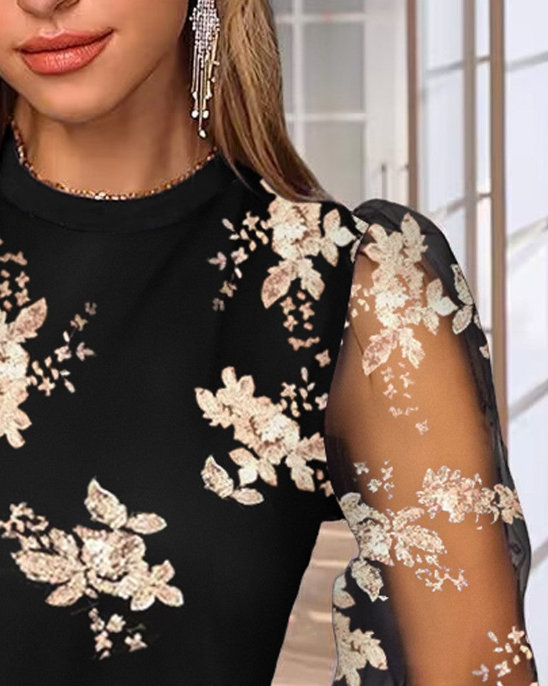 Floral Sequin Mesh Patch O Neck Top