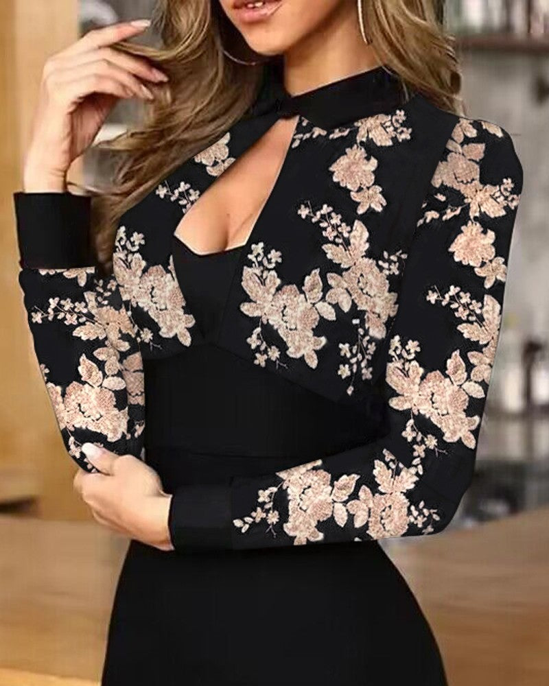 Floral Pattern Contrast Sequin Bodycon Dress