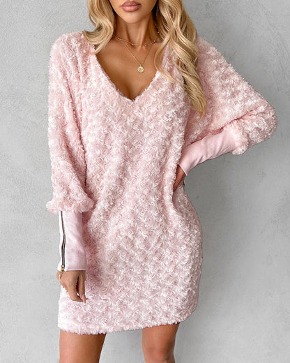 Floral Pattern Fuzzy V Neck Casual Dress