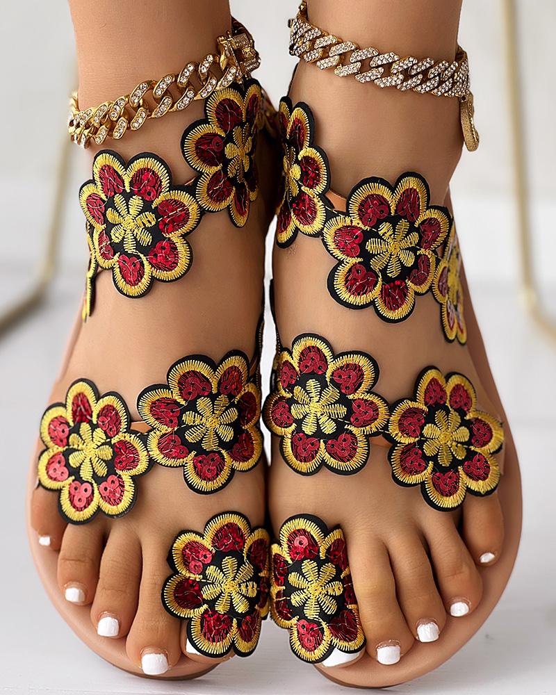 Floral Pattern Toe Ring Beach Sandals