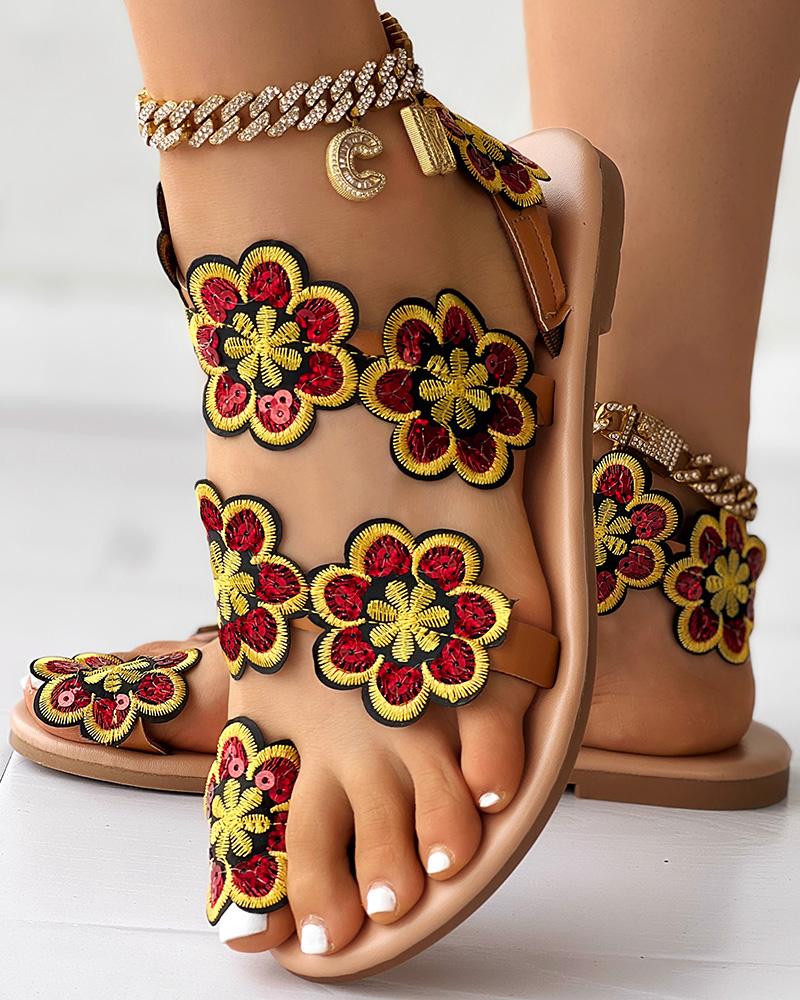 Floral Pattern Toe Ring Beach Sandals