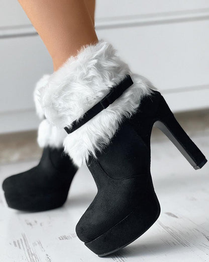 Bowknot Design Stiletto Heel Fuzzy Detail Ankle Boots