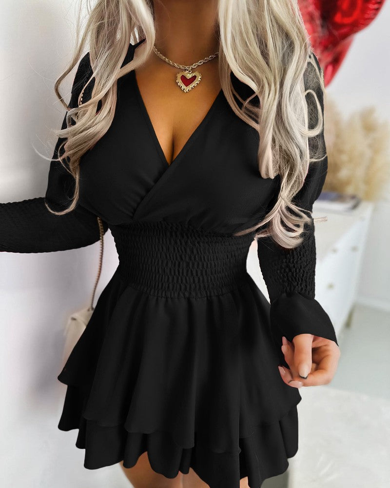 Bell Sleeve Shirred Ruffles Casual Dress