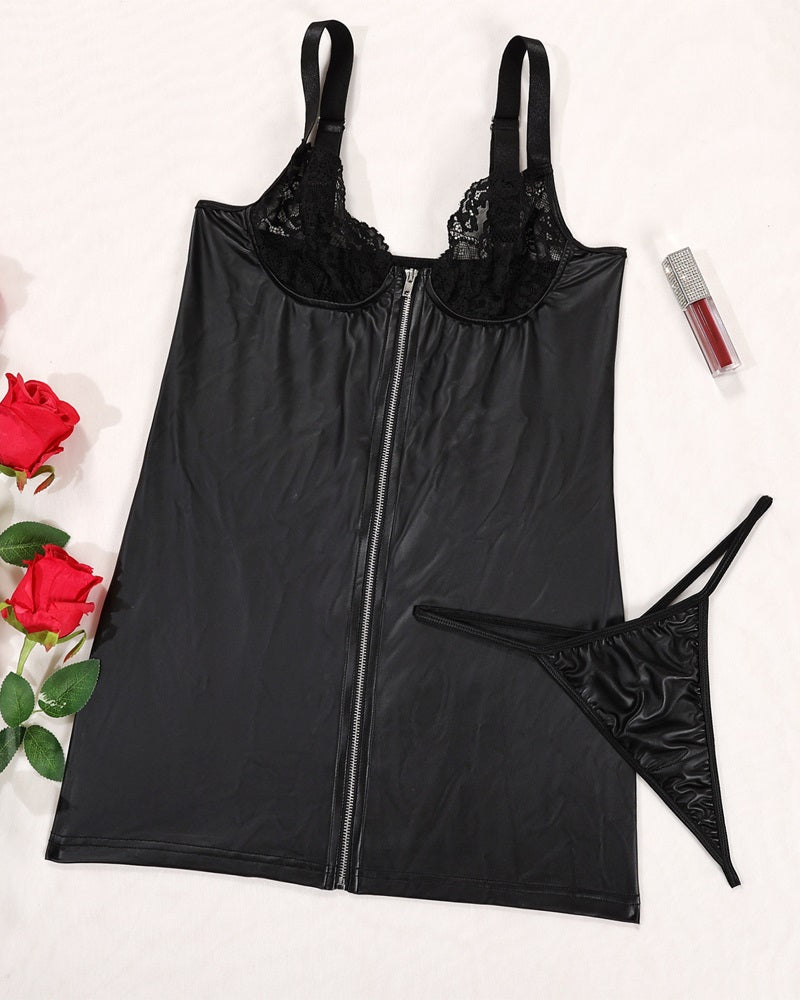 PU Leather Crochet Lace Zipper Design Babydoll With Panty