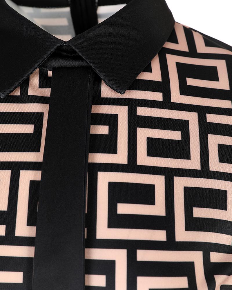Geometric Print Long Sleeve Belted Work Dress