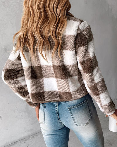 Plaid Pattern Buttoned Teddy Jacket