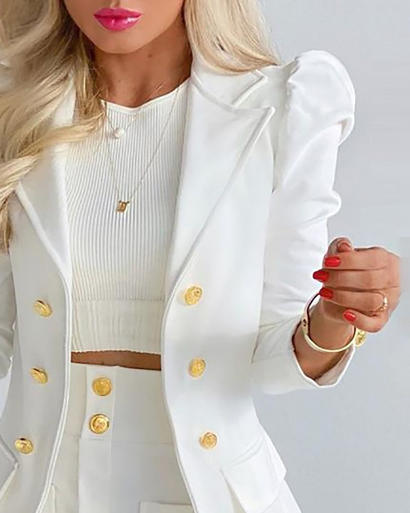 Puff Sleeve Buttoned Blazer Coat & Pocket Design Skirt Set