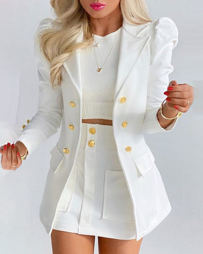 Puff Sleeve Buttoned Blazer Coat & Pocket Design Skirt Set