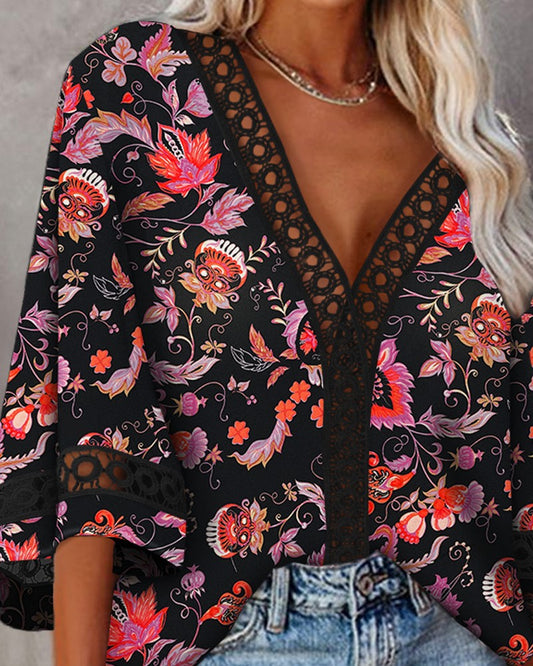 Floral Print Bell Sleeve Lace Trim Top