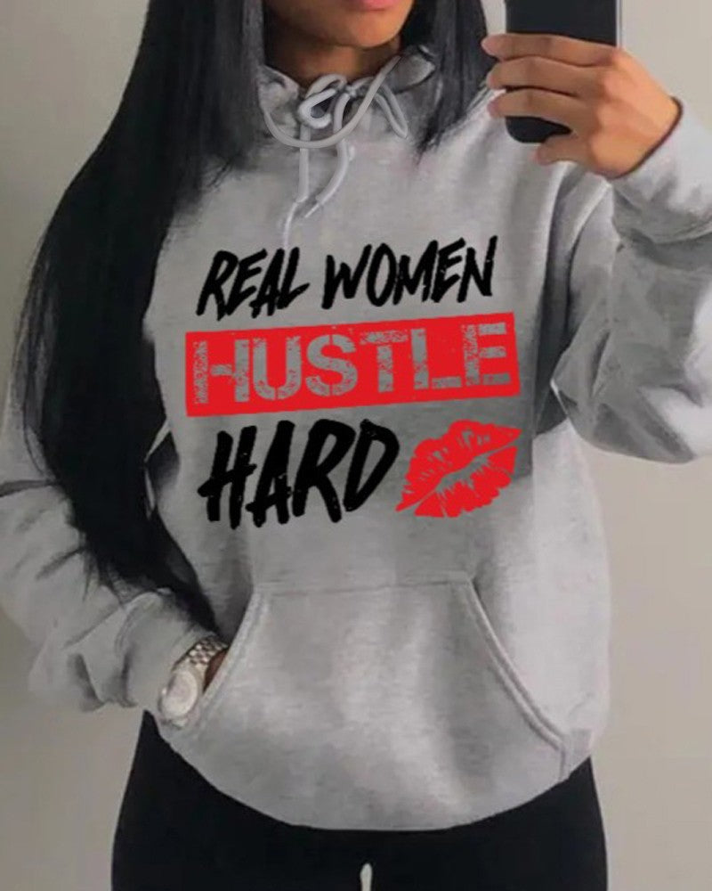 Plus Size Valentine's Day Letter Lip Print Casual Hoodie