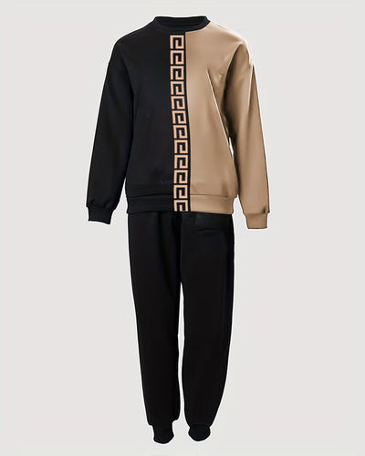 Plus Size Geometric Print Colorblock Sweatshirt & Drawstring Sweatpants Set