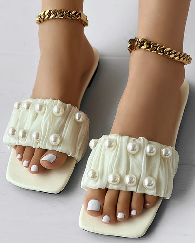 Pearls Decor Ruched Slippers Open Toe Summer Sandals