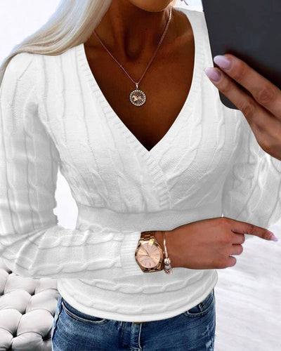 V Neck Long Sleeve Cable Knit Sweater