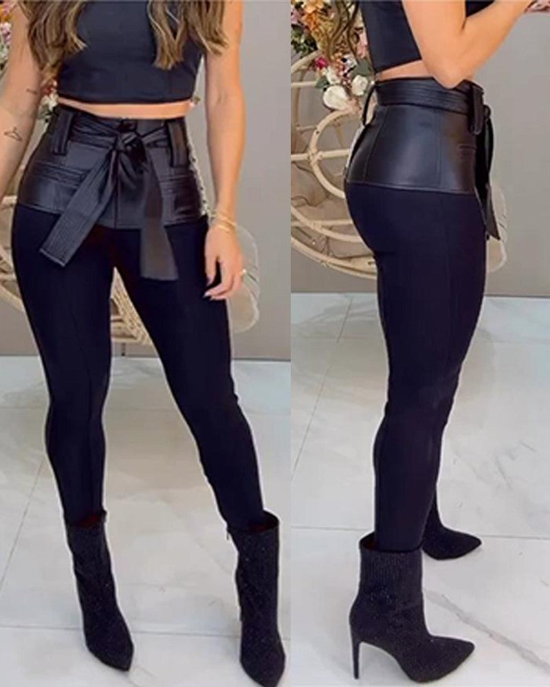 PU Leather Patch Skinny Pants With Belt