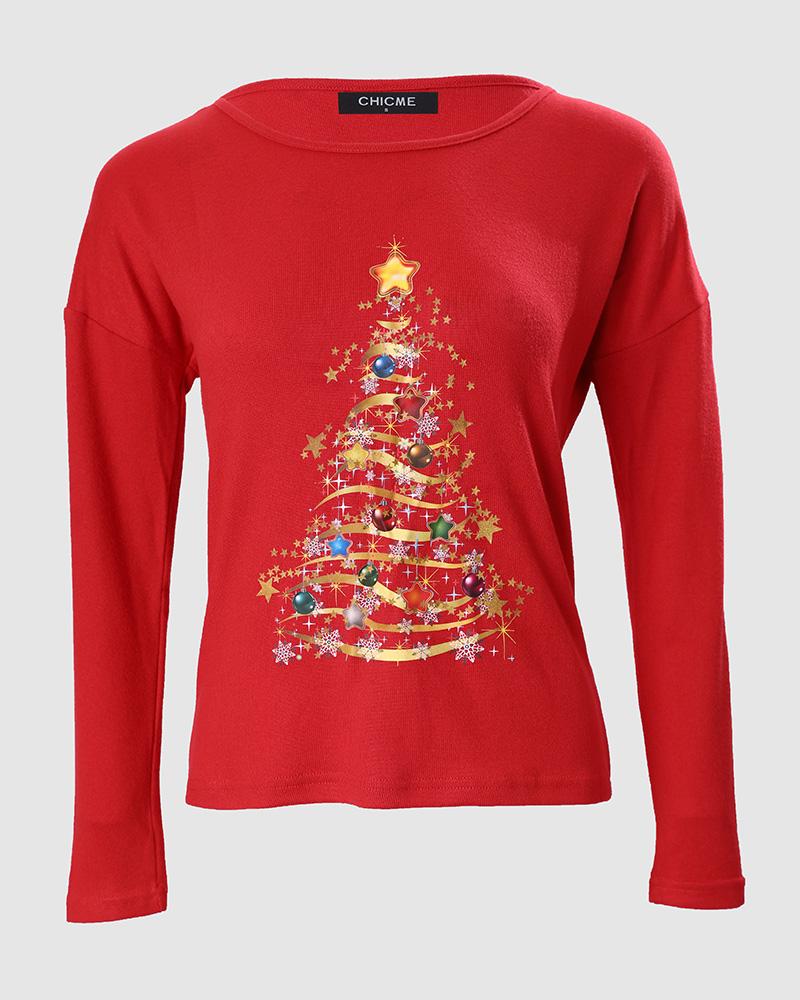 Christmas Tree Print Long Sleeve Casual Top