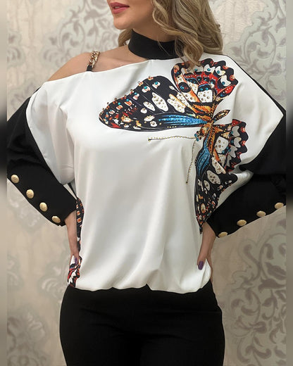 Colorblock Butterfly Print Buttoned Top