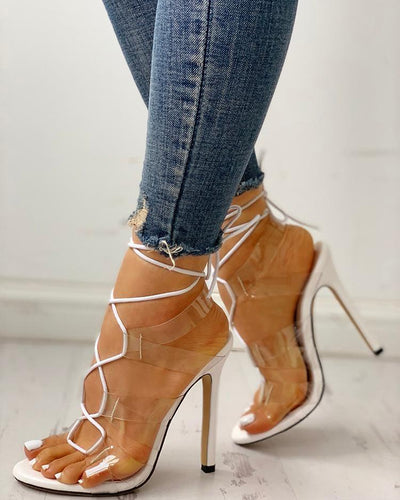 Transparent Strap Lace Up Thin Heeled Sandals