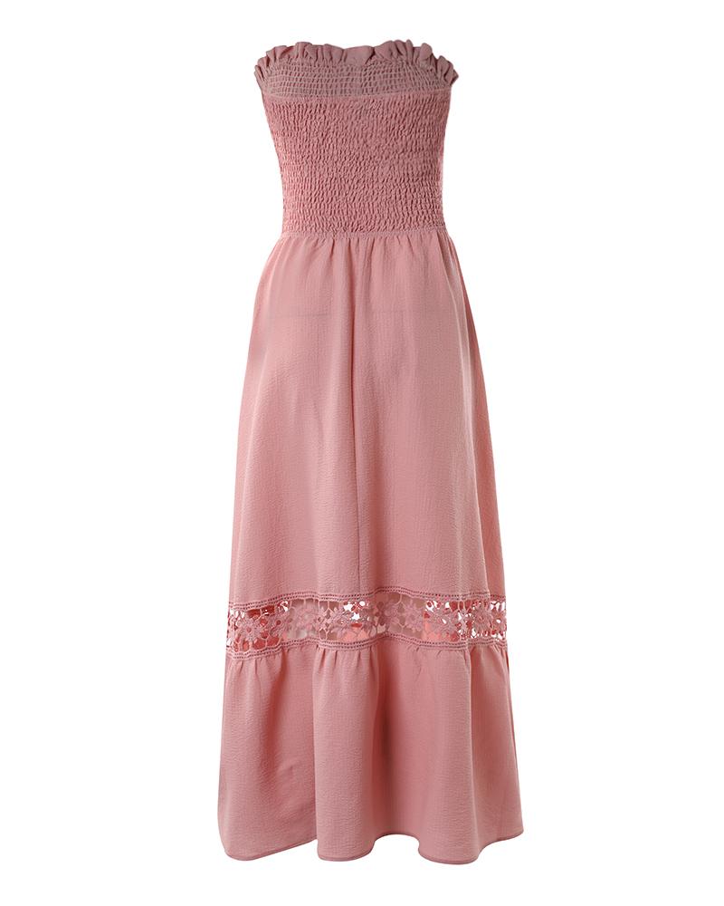 Bandeau Shirred Lace Patch Maxi Dress