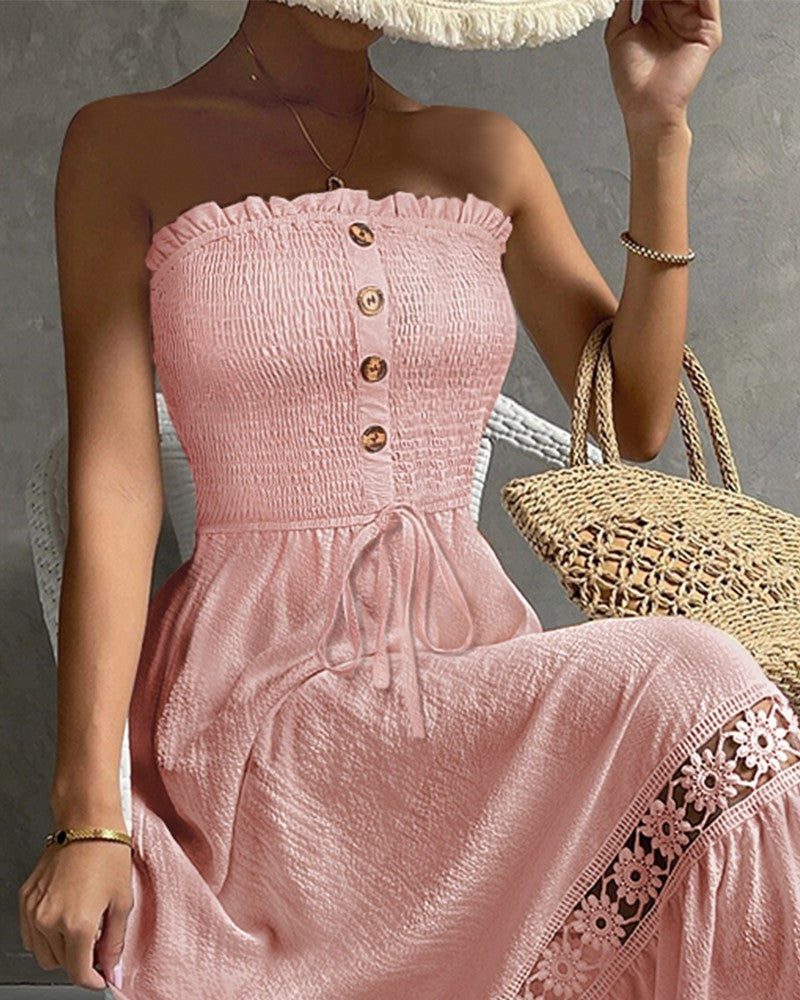 Bandeau Shirred Lace Patch Maxi Dress