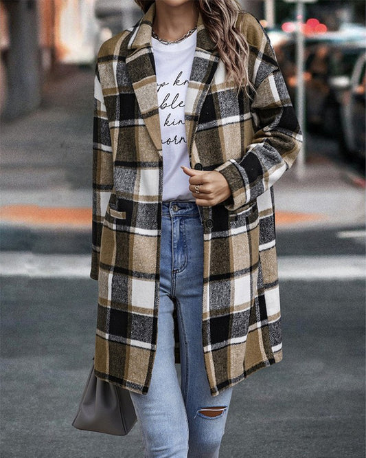 Plaid Print Pocket Detail Long Sleeve Coat