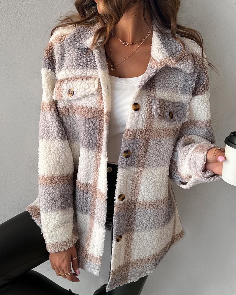 Plaid Print Buttoned Teddy Coat